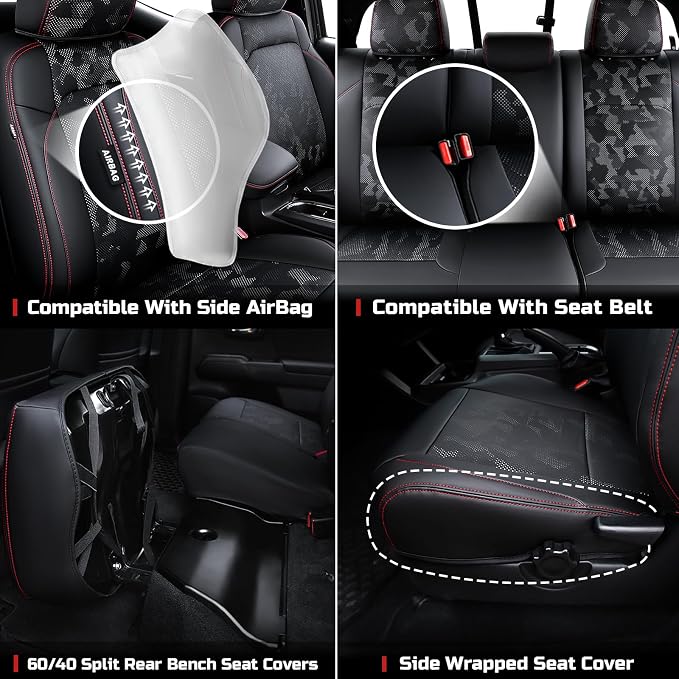 Carlimeki Leather Seat Covers Custom Fit for Tacoma Gen 3rd (2016-2023) | For Double & Crew Cab only - Fits SR, SR5, Limited, TRD Pro, TRD Sport, TRD Off-Road, Trail Special Edition - Fully Covered