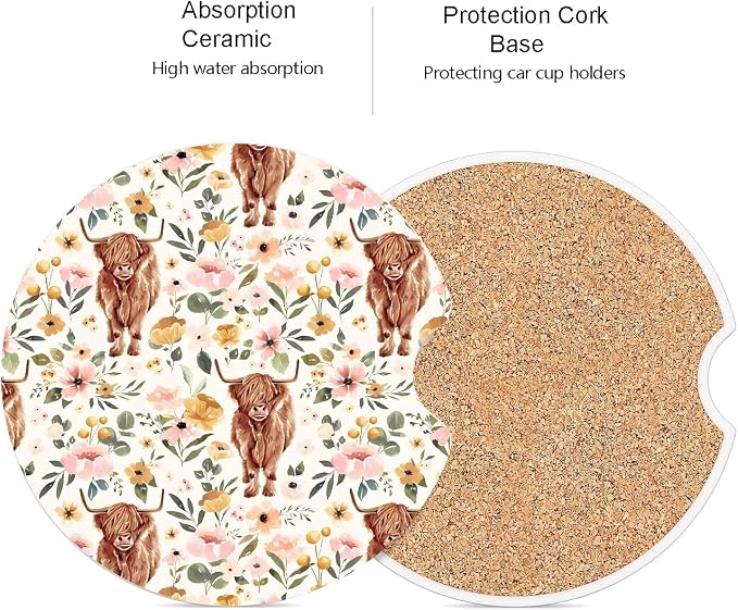 Ceramic Car Coasters – Absorbent Car Cup Holder Coaster Set for Women, Cute Aesthetic Car Accessories for Girls, 2 Pack (Mocha Mousse)