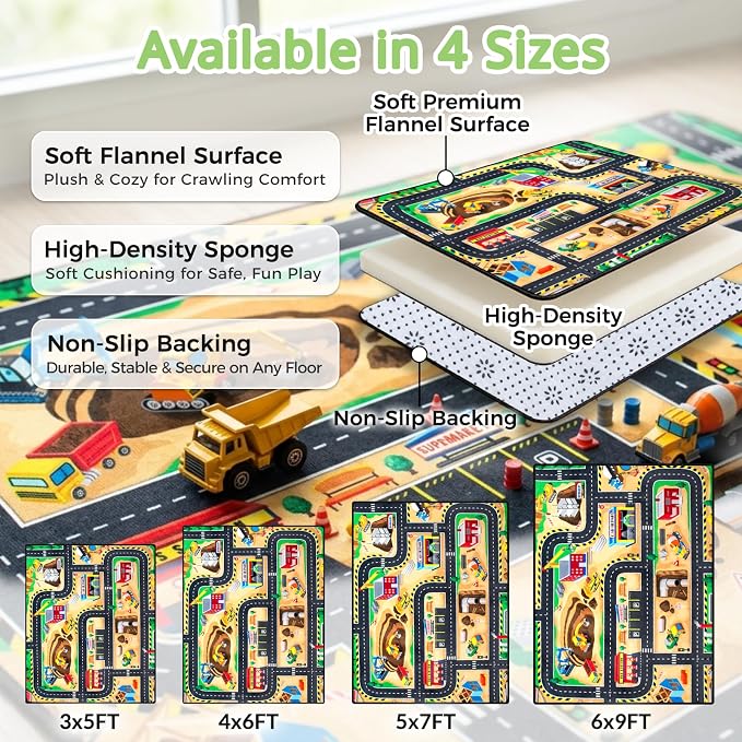 Kids Rug, 4x6 Ft Construction Play Rug for Kids | Extra Thick 0.4in Soft Construction Site Play Rug with Non-Slip Rubber Backing,Machine Washable for Bedroom & Playroom