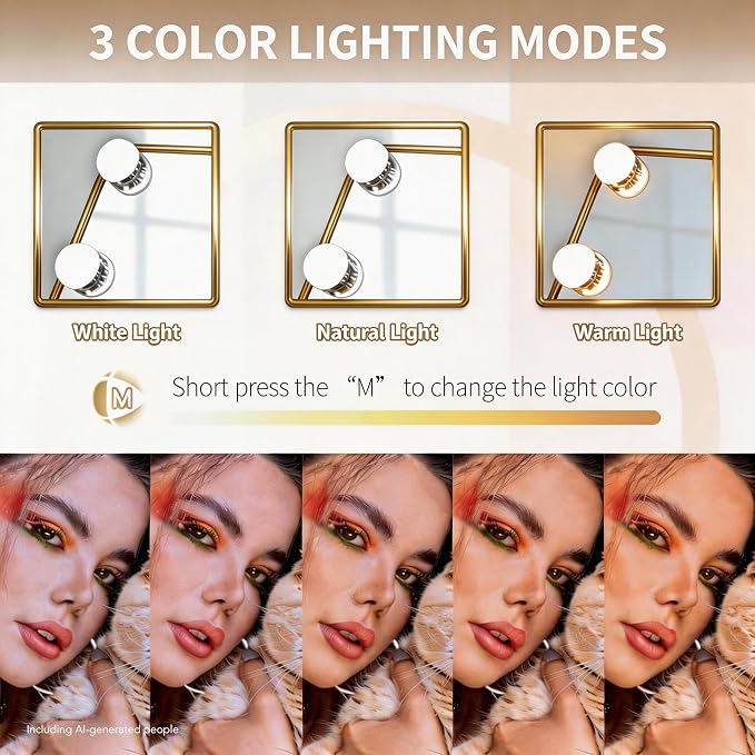 Makeup Vanity Mirror with LED Lights Makeup Mirror Detachable 10X Magnification, Hollywood Make Up Mirror with Lighting, Smart Touch, Rechargeable,360° Rotation, Gold 17.12"x13.77"