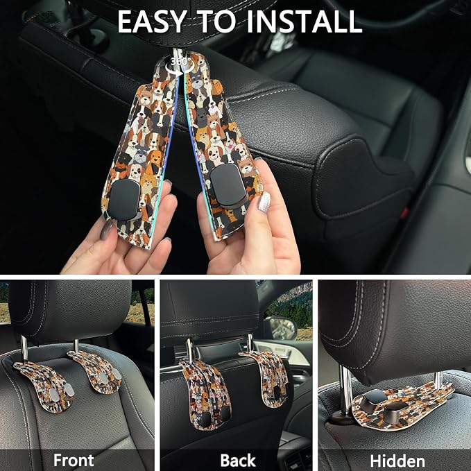 Blusabaca 2PCS Car Seat Back Storage Headrest Hooks, Cute Dogs Puppy Purse Holder Bags Hanger, PU Leather Double Metal Hook for Backseat Organizer, Women Car Accessories Organization