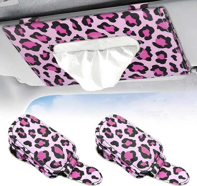 2 Pcs Sunglass Holder and 1Pcs Car Tissue Holder for Car,Magnetic Leather Sunglasses Holder Car Sun Visor Glasses Hanger Clip,Car Interior Accessories for Women(Pink Leopard Print)