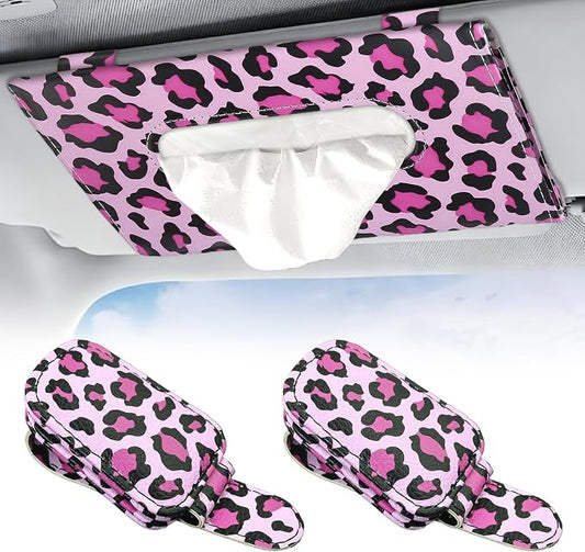2 Pcs Sunglass Holder and 1Pcs Car Tissue Holder for Car,Magnetic Leather Sunglasses Holder Car Sun Visor Glasses Hanger Clip,Car Interior Accessories for Women(Pink Leopard Print)