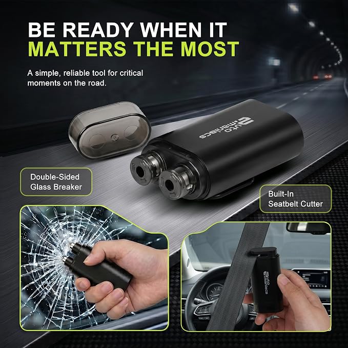 AutoManiacs 2-in-1 Window Breaker & Seatbelt Cutter, Dual Hammer Car Emergency Escape Tool with Magnetic Base, Effortless Glass Breaker Safety Hammer, Matte Metal Design