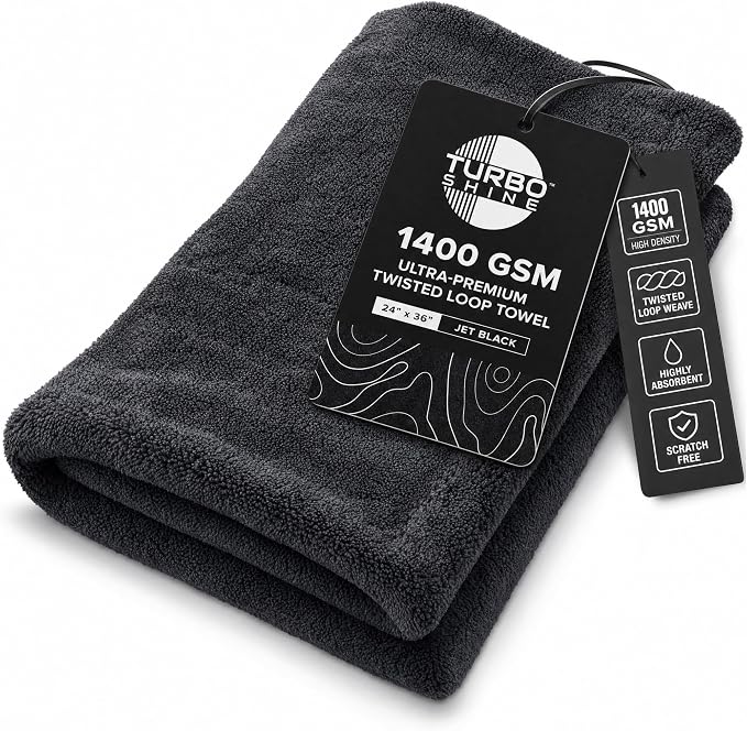 1400 GSM Microfiber Car Drying Towel, Twisted Loop, Streak-Free, Lint-Free, 24x36 Inch Ultra Premium Car Wash Towel (1, Jet Black, 24" x 36")