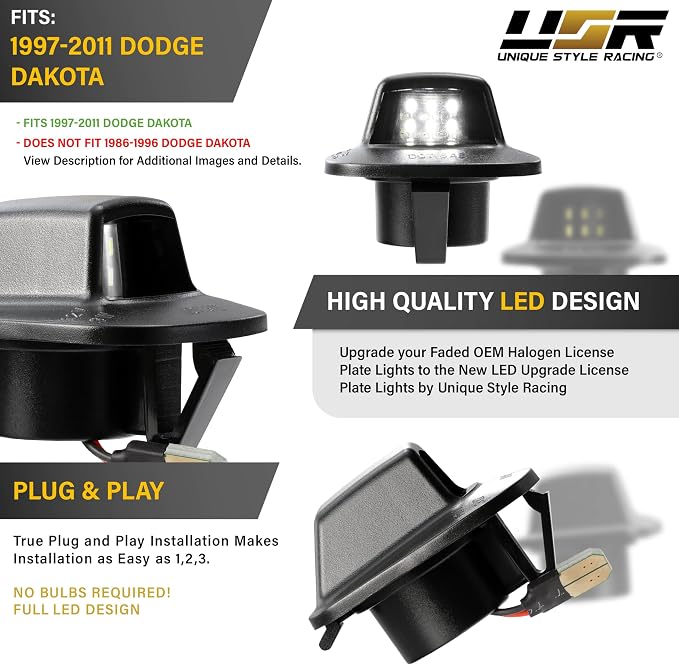 USR 97-11 1D7 Pickup Truck License Plate Light – Plate Lamps (Left + Right) Pair - Compatible with 1997-2010 Dodge Dakota Pick Up Trucks / 2011 Ram Dakota All Models (LED WHITE 6000K UPGRADE)