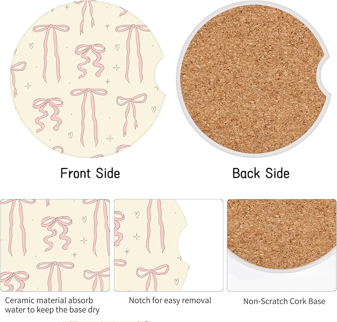 Cute Bowknot Car Coasters,Absorbent 2 Pack for Cup Holders with Finger Notch,2.56 inches Ceramics Heat Resistant Anti Slip Cork Base Car Drinks Coasters Auto Cup Holder