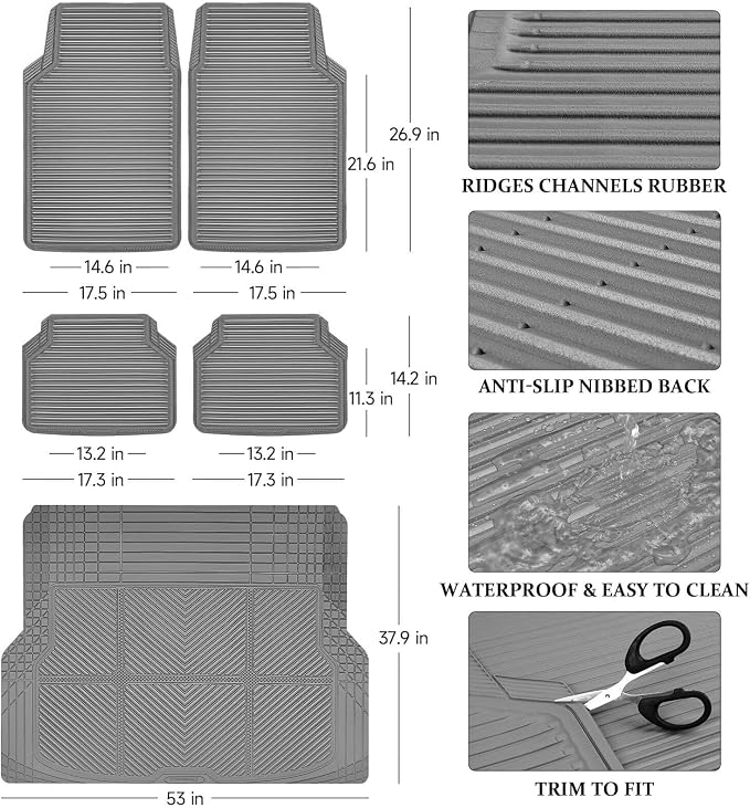CAR PASS Gray Rubber Car Floor Mats & Cargo Liners, All Weather Car Mats & Trunk Mats,Waterproof Automotive Floor Mats Trim to Fit for Most Cars Sedans SUVs Vans, Durable Heavy Duty Anti-Slip, Gray