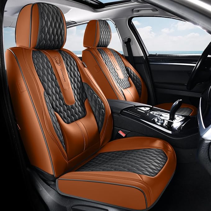 Coverado Car Seat Covers Full Set, Nappa Leather Seat Covers for Car, Waterproof Car Seat Protector with Lumbar Support, Automotive Seat Covers Universal Fit for Most Cars SUV Trucks (Brown-Black)