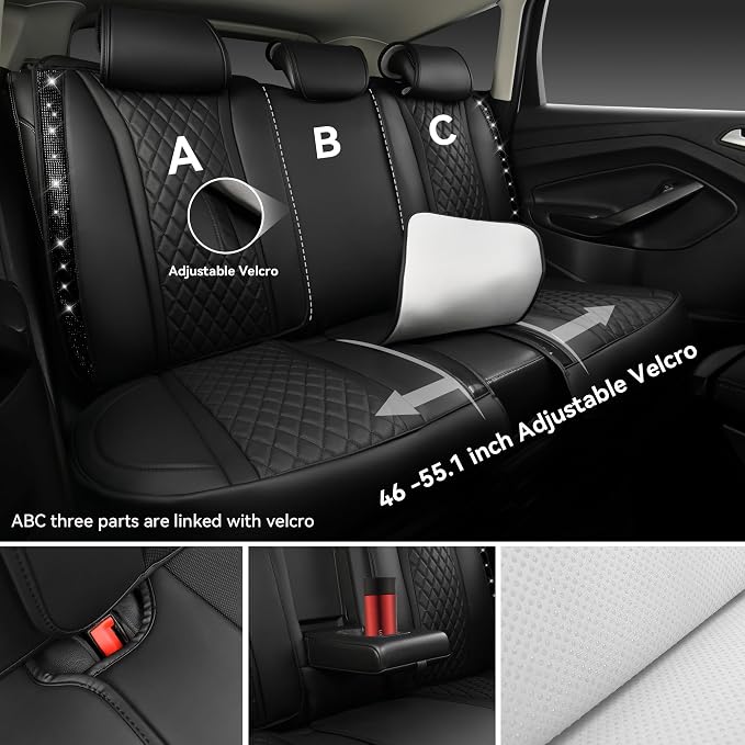 CAR PASS Bling Diamond Back Seat Covers, Nappa Leather Rear Seat Bench Cushion Waterproof Breathable Back Row Protector Universal Fit Car Sedan SUV Pickup Truck Shining Rhinestone Sparkle, Black