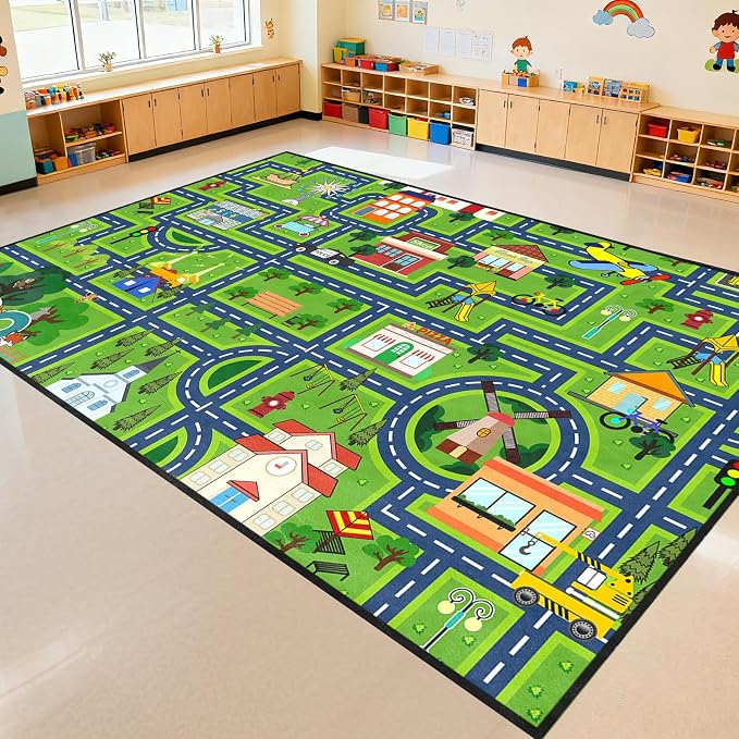 Large City Road Map Carpet for Playroom, Kids Play Mat Car Rug 6x8 Feet, Non Slip Floor Area Mat with Zoo Airport Pizza Shop, Educational Traffic Track Rug for Boys Girls Bedroom