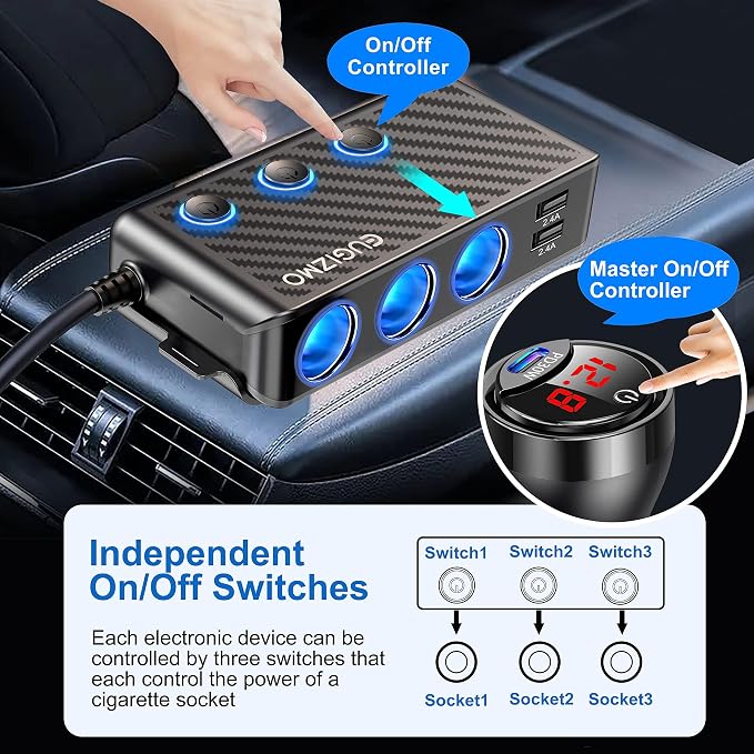 EUGIZMO 8 in 1 Cigarette Lighter Adapter,3 Socket Car Charger Plug Splitter | 12V/24V PLug in Outlet with Voltage Visible Independent Switches 2 PD30W & 3 USB-A Ports Fast-Charge Phones and Dash Cams