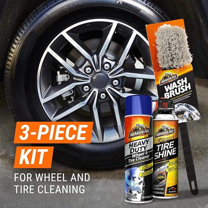 Armor All Wheel and Tire Cleaner and Tire Shine Kit, Heavy Duty Car Wheel Cleaner, Extreme Tire Shine Spray and Wash Brush - 3 Count