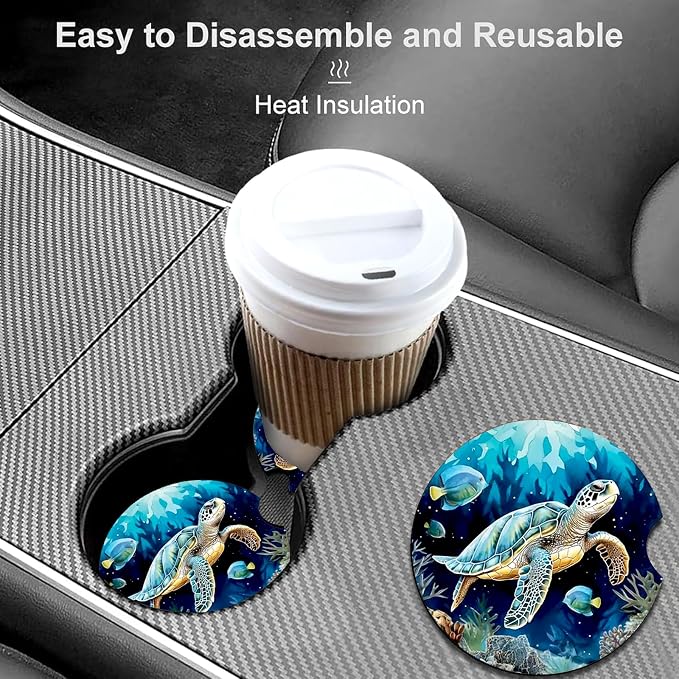 2 Pack Sea Turtle Car Cup Holder Coasters Universal Neoprene Coasters | 2.75" Universal Size Anti Slip Rubber Mat, Auto Cup Holder Accessories for SUV Truck, Sea Turtle Gifts for Women Men Mom