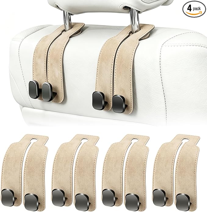 Amelity Car Headrest Hooks, Purse Hook for Car 4 Pack Beige | Universal Car Interior Accessories for Women, Available in 2/4 Pack, Storage Hanger Holds Purses, Backpacks, Grocery Bags