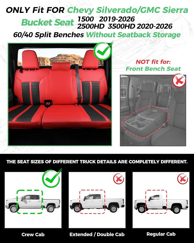 Custom Leather Seat Covers for 2019-2026 Sierra/Silverado 1500 | Only Crew Cab, Fits 2500/3500HD 2020-2026, no Rear Armrest/Seatback Storage, Waterproof, Scratch-resistant, Easy-clean