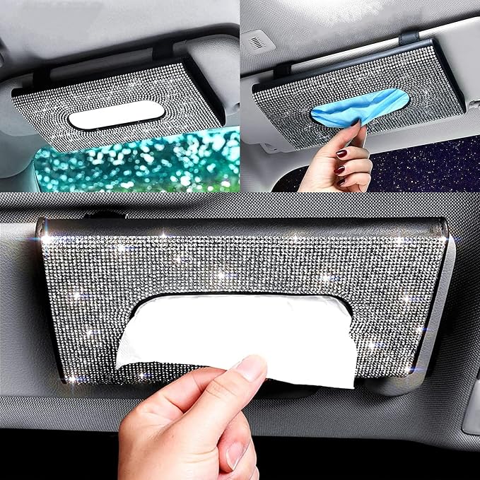 【2026 Upgraded】 Bling Car Sun Visor Tissue Box with Refills Paper Towels, PU Leather Backseat Mask Case,Crystal Sparkling Napkin Holder, Handmade Decoration Accessories for Women,Girls,Ladies as Gift