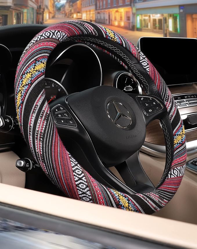 SEG Direct Boho Steering Wheel Cover, Baja Blanket Cloth, Coarse Flax | Bohemian Car Decor, Ethnic Style, Coarse Flax, Fabric Cover Fits 14 1/2-15 1/4 inches Standard Medium Size, for Women Men