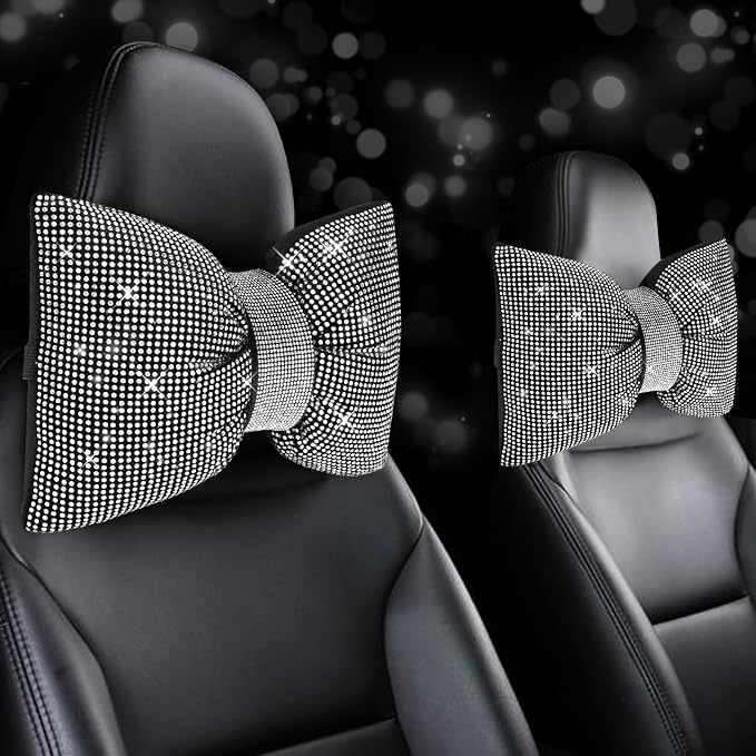 4 PCS Bling Car Pillows,Rhinestones Bowknot Car Headrest Pillow,Car Neck Pillow for Driver Relax Necksupport,Sleeping Travel Support Neck Pillow,Shiny Diamond Interior Accessories for Women,White