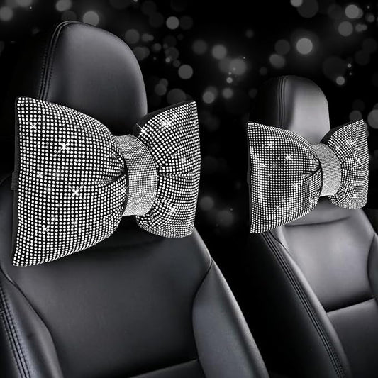 4 PCS Bling Car Pillows,Rhinestones Bowknot Car Headrest Pillow,Car Neck Pillow for Driver Relax Necksupport,Sleeping Travel Support Neck Pillow,Shiny Diamond Interior Accessories for Women,White