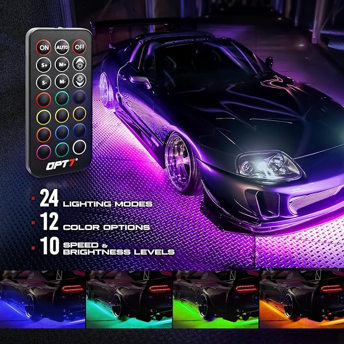 OPT7 Aura RGB Aluminum Car Underglow Kit with Remote Control | Waterproof Rigid LED Bars, Multicolor Underbody Lighting, Exterior Neon Accent Ground Lights, 12V Car Decor
