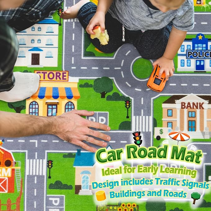 Car Rug Play Mat for Kids Toy Cars, City Road Traffic Playmat for Kid Bedroom, Non-Slip Machine Washable Kids Rugs for Learn and Have Fun 3'x4'/ 36"x48", Green