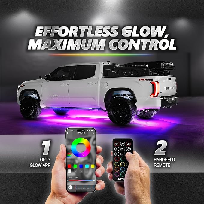 OPT7 Aura Pro RGB Aluminum Truck Underglow Kit with App & Remote Control | Waterproof Rigid Light Bars, Multicolor Music Sync Lighting, Exterior Offroad Lights, Pickup Trucks & Jeeps Accessories, 12V