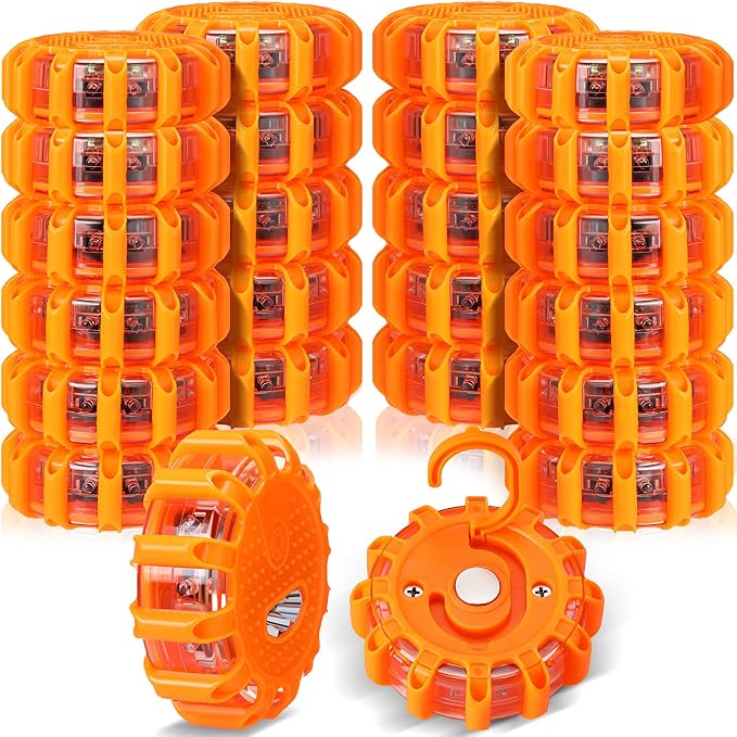 Frienda 44 Pieces LED Roadside Safety Flares Emergency Flare Lights Flashing Warning Lights Bulk Roadside Safety Beacon Disc Pack with Magnetic Base and Hook for Car Truck Vehicles Boat