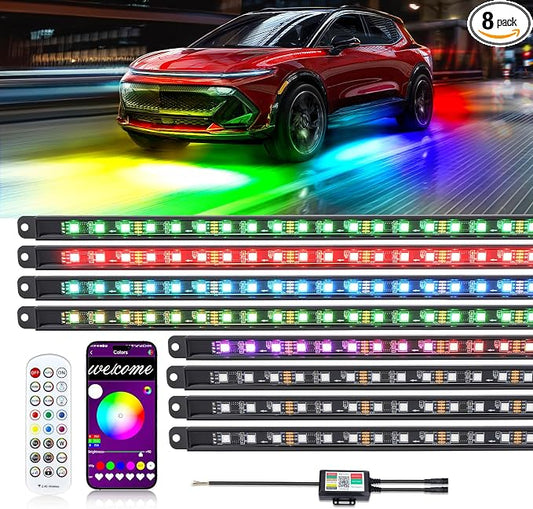 8PCS Car Underglow Light Bar Kit - Wireless App & Remote Control Dreamcolor Chasing Lights, Aluminum Exterior Underbody Multicolor Soundsync Neon Light Strip for Car Truck RV