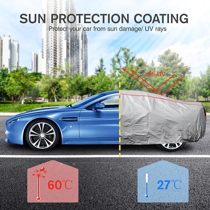 Car Cover Waterproof All Weather, 6 Layers Outdoor Full Car Cover UV Snow Rain Wind Dust All Weather Outdoor Protection with Zipper Cotton, Mirror Pocket, Fit for Sedan Grey (190-195 inch)