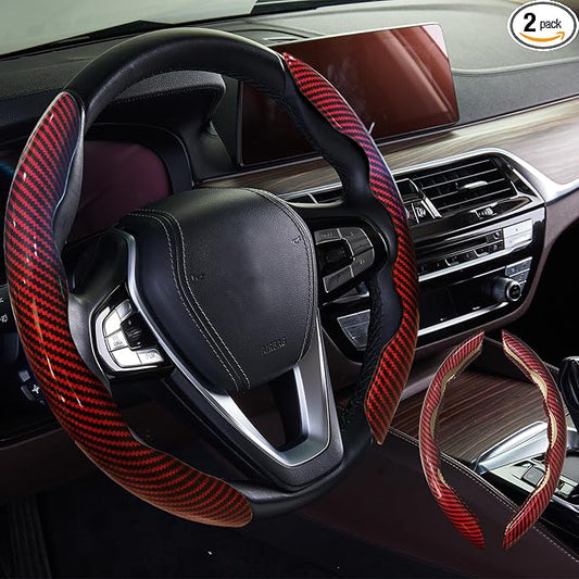 WOCOCN 2pcs Car Steering Wheel Cover,Anti-Skid Carbon Fiber Steering Wheel Protector for Men Women,Multiple Color Options,Universal for Most Car Interiors Accessories (Bright Red)