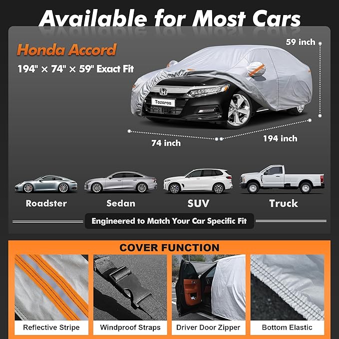 Car Cover Waterproof All-Weather,Outdoor Full Exterior Sedan Covers (Length 186-193 inch) Custom Fit for Toyota Camry,Tesla Model 3,Jetta,BMW 3 Series,Elantra,etc,Size A2(See Size Chart)