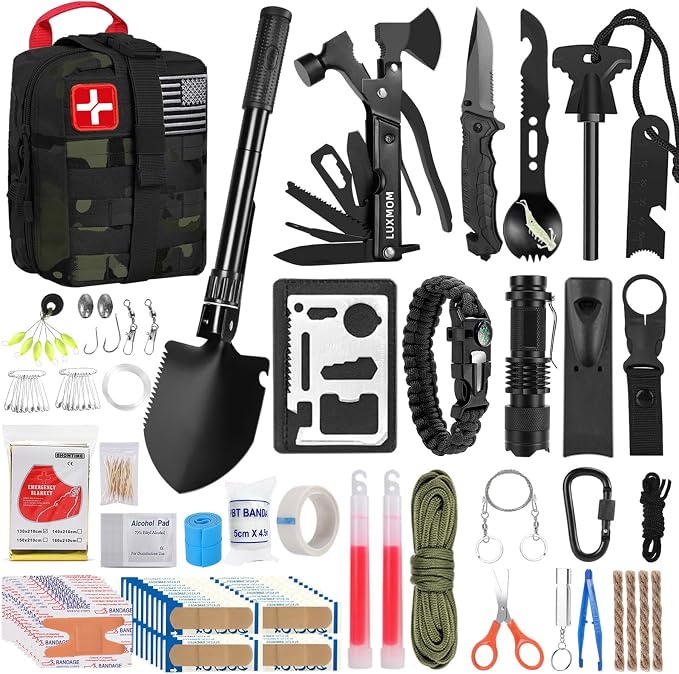LUXMOM Survival Kit and First Aid Kit, 142Pcs Professional Survival Gear and Supplies Equipment with Molle Pouch, Gift for Fathers Day Men Dad Husband Camping Hiking Hunting Outdoor Adventure