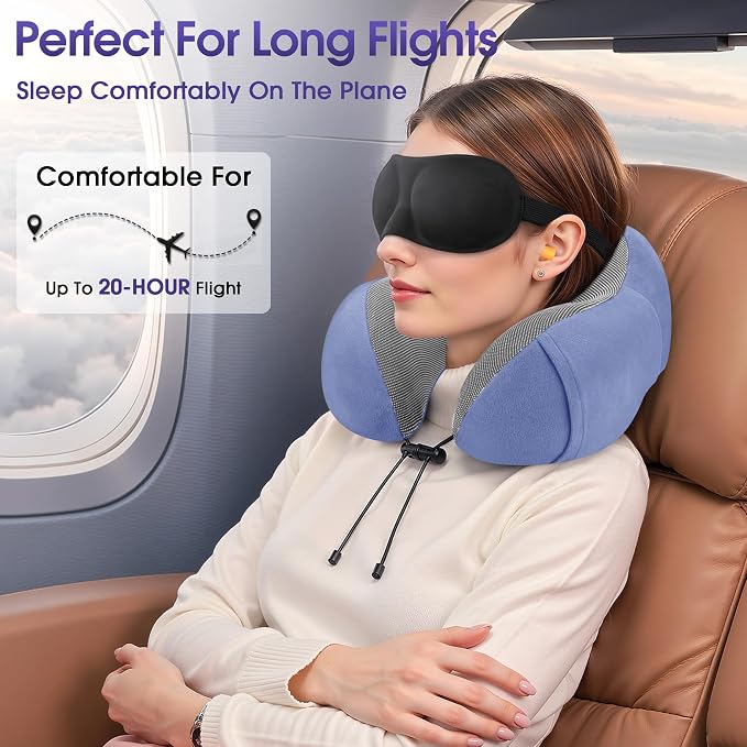 CloudBliss Travel Pillow for Airplane, Memory Foam Neck Pillow for Travel, Compact Flight Pillow with Eye Mask, Earplugs, Carry Bag, Travel Neck Pillow for Long Flight Sleep, Plane Accessories, Blue