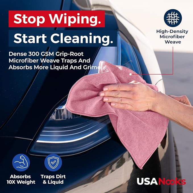USANOOKS Microfiber Cleaning Cloth Light Pink - 24 Pcs 12.5"x12.5" - High Performance - 1200 Washes, Ultra Absorbent Towels Weave Grime & Liquid for Streak-Free Mirror Shine - Car Washing Cloth