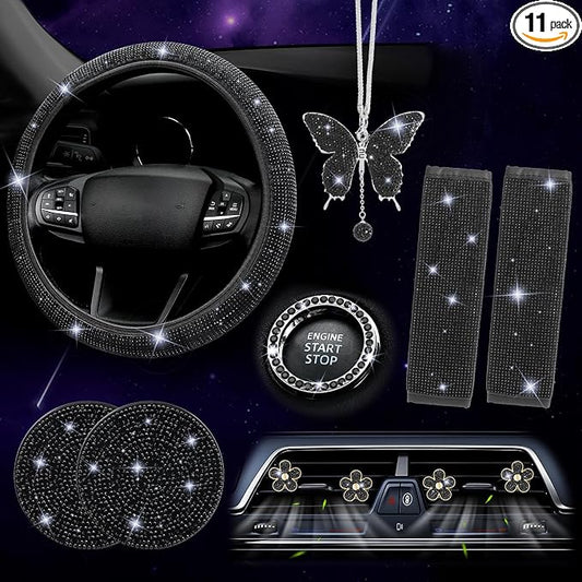 ARTILAURA 11 PCS Bling Car Accessories Set for Women Steering Wheel Covers Butterfly Hanging Seat Belt Cover Air Vent Clips Coasters Cute Glitter Diamond AUTO Accessories Kit (Black)