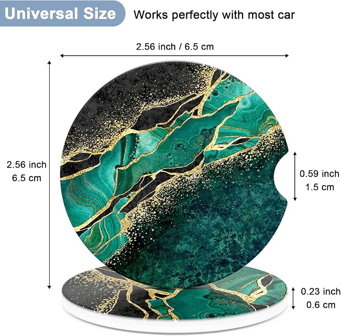 Nipichsha Car Coasters for Cup Holders, 2 Pack Absorbent Ceramic Car Cup Holder Coaster for Drinks, Cute Auto Assecories for Women, Universal Size 2.56 in with Finger Notch & Cork Base, Green Marble