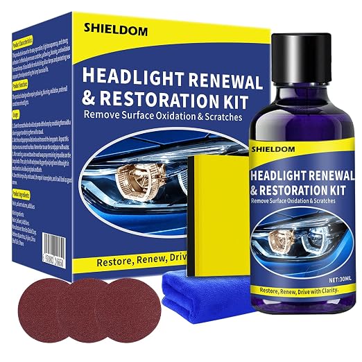 SHIELDOM Professional Headlight Restoration Kit with Abrasive Paper & Surface Ceramic Protective Coating Fluid to Remove Cloudy, Oxidation & Scratches and Restore Clarity DIY Set - 6PCS