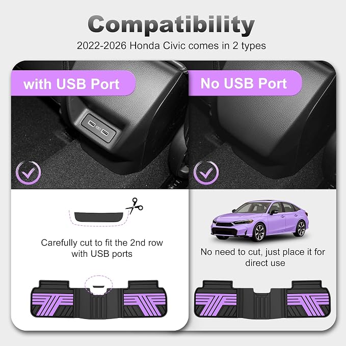Rubber Floor Mats for Honda Civic Sedan Hatchback Si 2022-2026 | Include Sport but Not for Hybrid, All Weather Car Floor Liners for Acura Integra 2023-2026, 1st & 2nd Row, Black & Purple