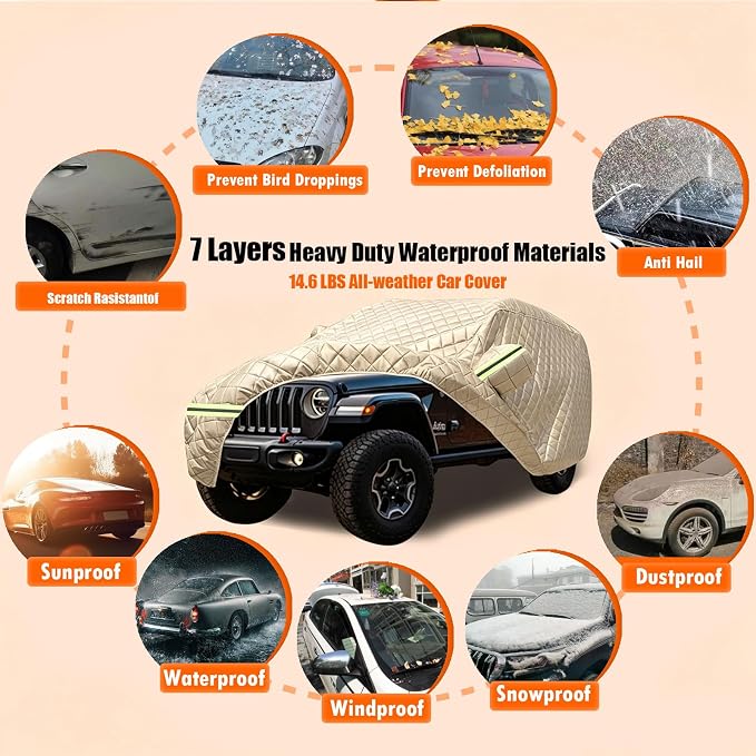 7 Layers Waterproof Cover, Heavy Duty Car Covers with Zipper Door, All-Weather Car Cover – Protects Against UV Rays, Hail, Water, Dust & Snow, Universal Fit SUV 201" to 206"(Khaki)