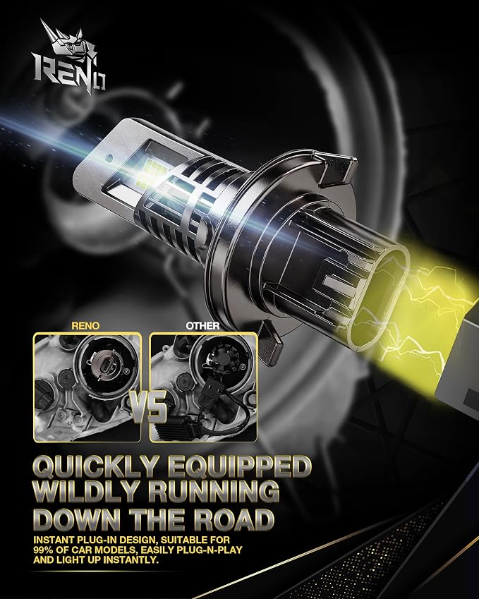 RENO 9007 Bulb, 9007 Fog Bulbs 6500K Cool White HB5 1:1 Mini with with Cooling Fan Powersports Accessory Fog Lights or ATV 34000LM Plug-N-Play, Pack of 2