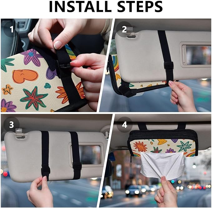 Car Visor Tissue Holder Mask Holder for Car, Car Tissue Box Sun Visor Napkin Holder Car Visor Accessories Adjustable Straps Reusable Durable Easy to Install Beige Doodle Star Heart Rainbow