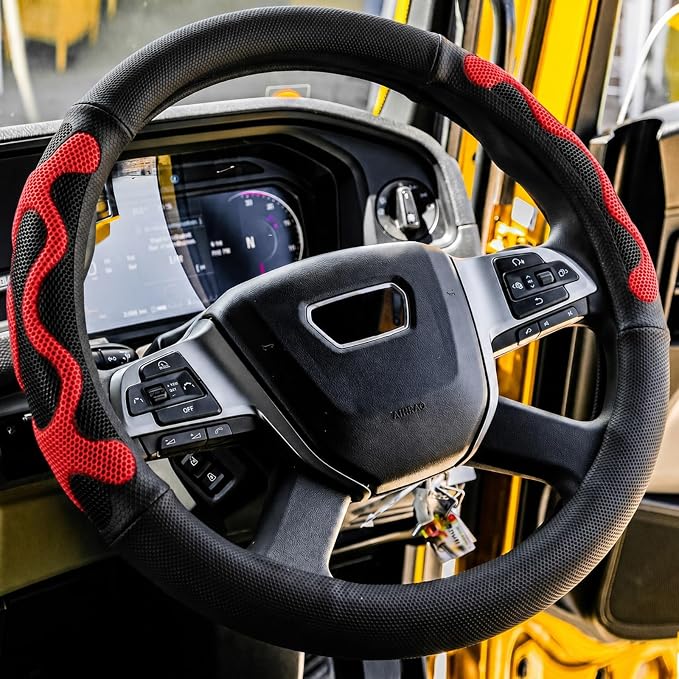 DaisyInner 17.5-18 Inch Steering Wheel Cover for Semi Truck No-Slip & Comfy Grip for Semi Trucks, Rv, Big Rig and 18 Wheelers(Mesh D,Leather,Red)