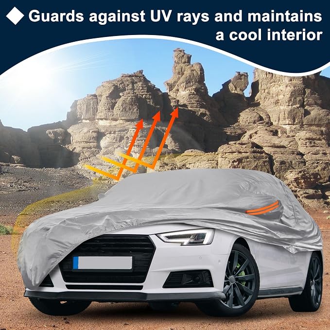 Silver Tone Heavy Duty Waterproof Car Cover for Sedan 185"-191" - All-Weather UV Protected Outdoor Full Exterior Cover with Sun/Snow/Rain Resistance