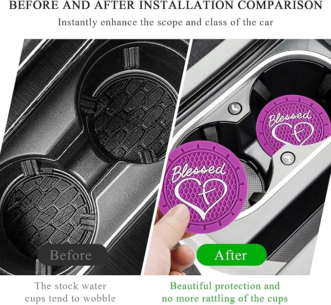 KVAEY 2 PCS Car Cup Holder Coasters, 2.76 Inch Anti Slip Vehicle Drink Mats with Cute Blessed Cross and Heart, Shockproof, Universal Car Accessories (Dark Purple, 2 PCS)