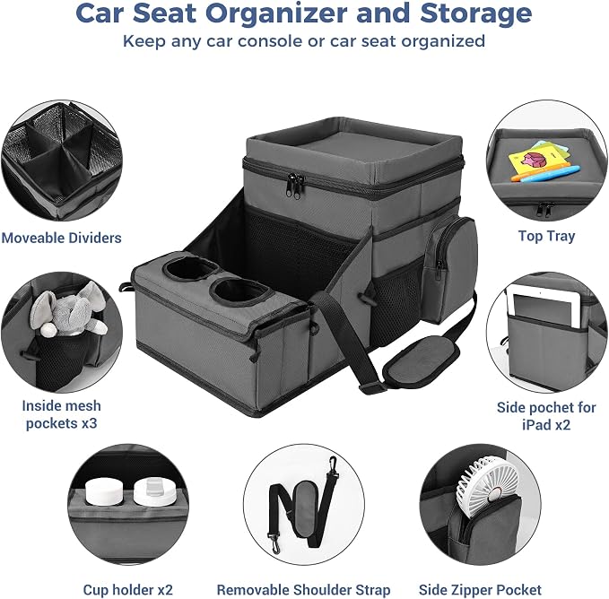 COOLBEBE Car Seat Organizer, Backseat Car Organizer with Cup Holders for Kids and Adults Travel, Cooler Compartment Passenger Seat Organizer Storage Box for Front or Middle Seat, Grey