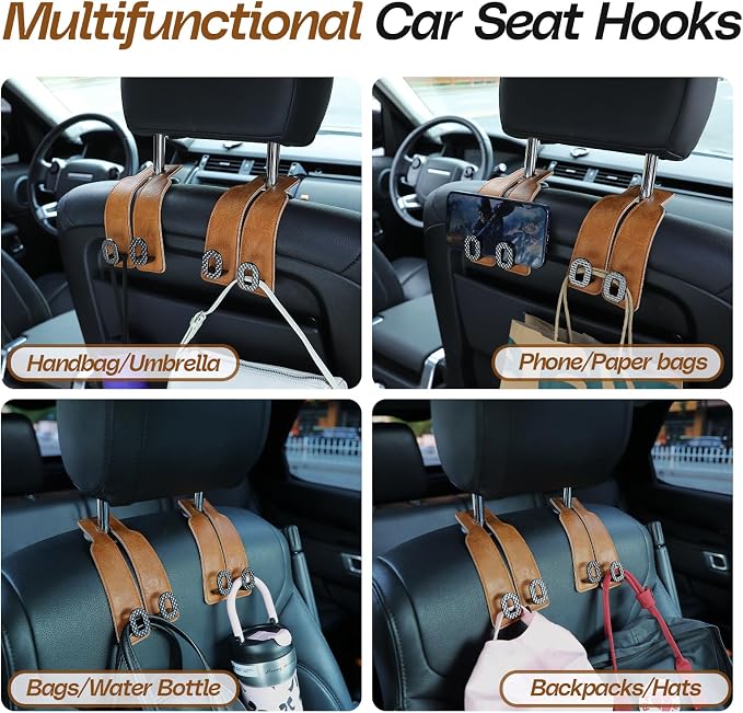 Car Headrest Hooks Universal Car Purse Hook Premium Leather and Alloy Twin Hook Car Seat Back Storage Hanger Hook for Purse Bags Cloth Drink Durable Holder Car Accessories (BH09-Brown-Black)