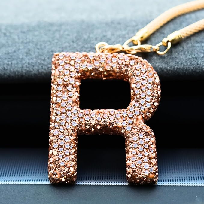 Bling Car Accessories for Women Letter Charm, Rainbow Crystal Rearview Mirror Pendant, Cute Diamond Rhinestone Car Decor, Lucky Gift for Women(R, Champagne Gold)