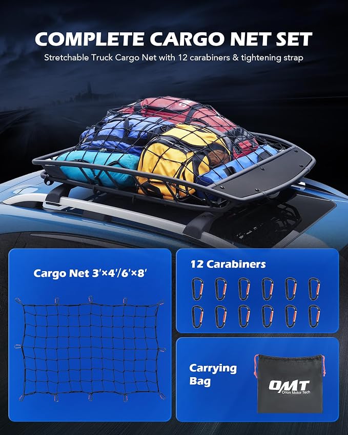 OMT 3x4ft Bungee Cargo Net, Stretches to 6x8ft for Truck Bed & Roof Rack | 4x4in Handmade Mesh; Premium Latex Rubber; Holds Up To 440lb; Includes 12 Aluminum Carabiners & Drawstring Bag; For SUVs