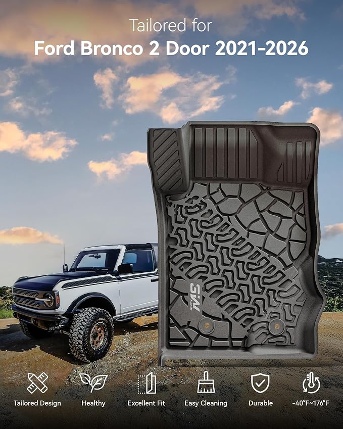 3W Floor Mats & Cargo Liner Fit for 2021-2025 2026 Ford Bronco 2 Door All Weather TPE Car Accessories Custom Fit Floor Liner and Full Set Car Mats (Not for Bronco Sport & Rubberized Floor)